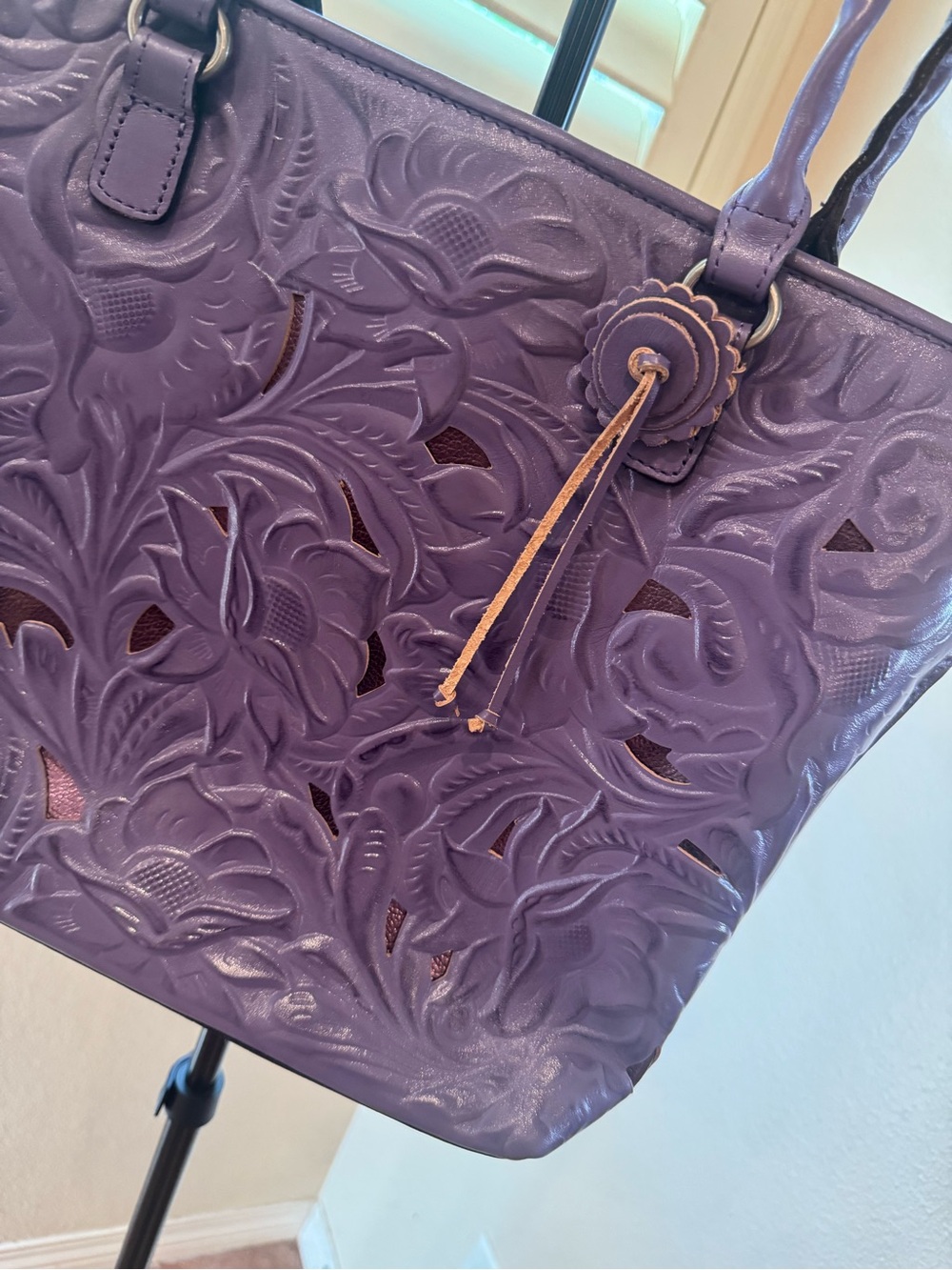 Patricia Nash Lavender Floral Cutout Tote with Tassel